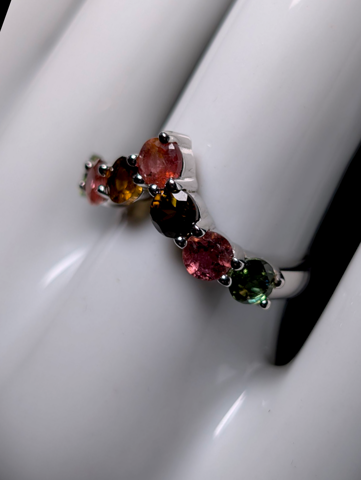 Vintage Round Cut Earth Mined Genuine Multi-Color Tourmaline Sterling Silver Chevron Stackable Ring