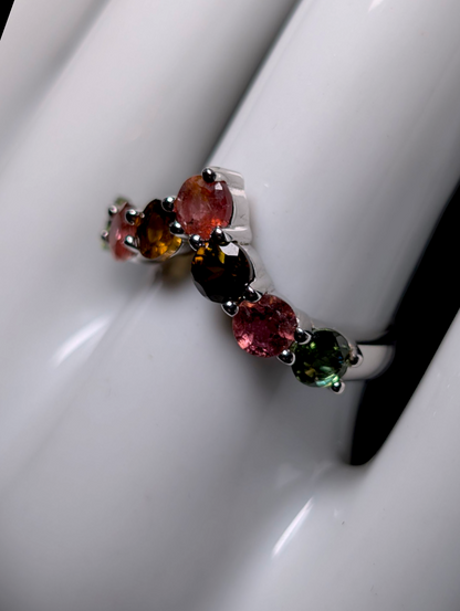 Vintage Round Cut Earth Mined Genuine Multi-Color Tourmaline Sterling Silver Chevron Stackable Ring