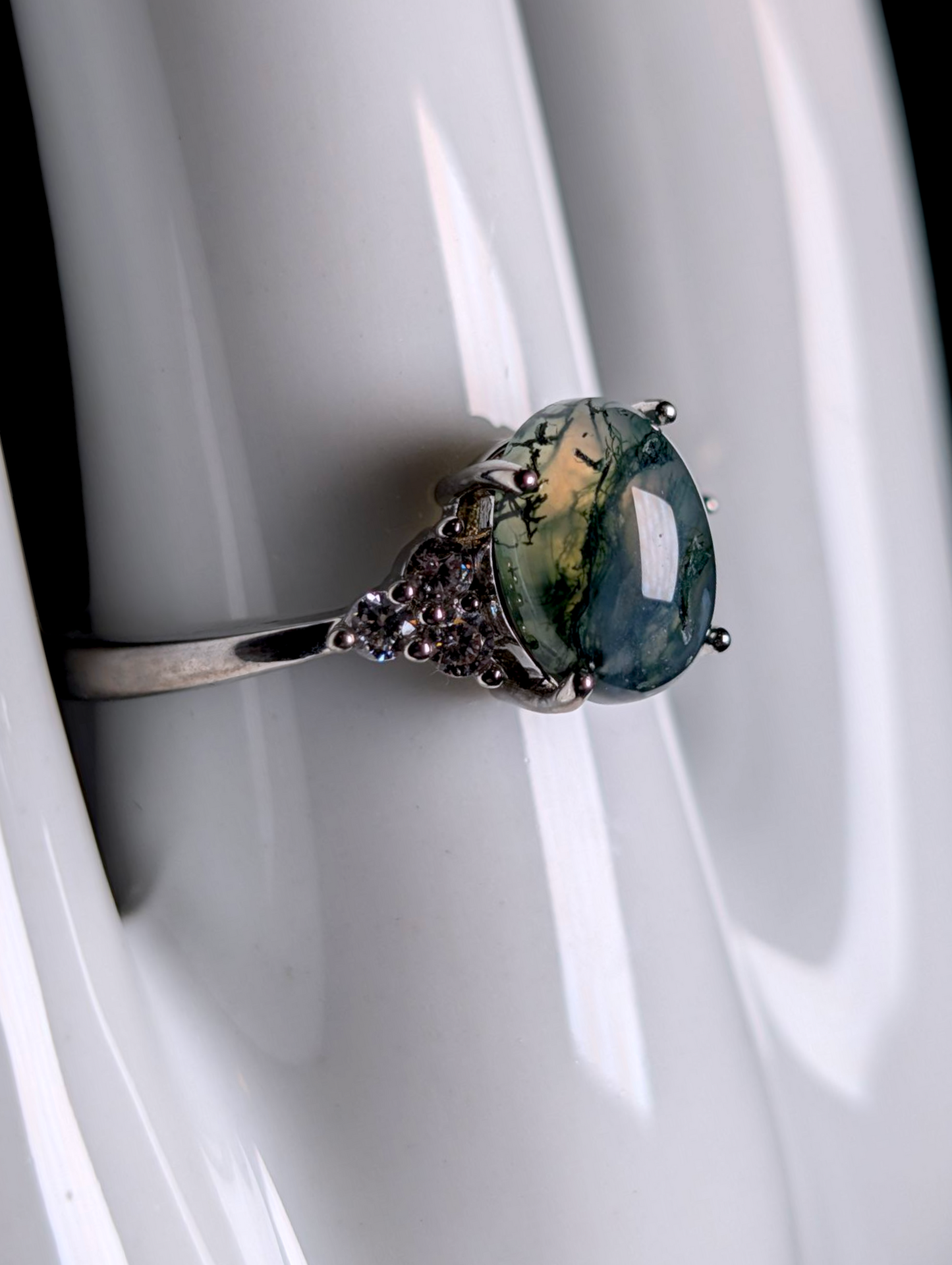 Vintage Earth Mined Genuine Moss Agate Solitaire with Simulated Diamond Accented Sterling Silver Ring