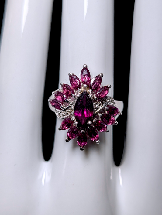 Vintage Crossover Cluster Genuine Raspberry Garnet Sterling Silver Ring