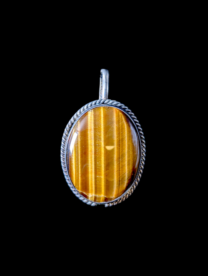 Vintage Charles Willie Navajo Large Oval Cut Genuine Tiger's Eye Solitaire Sterling Silver Twisted Rope Edge Pendant