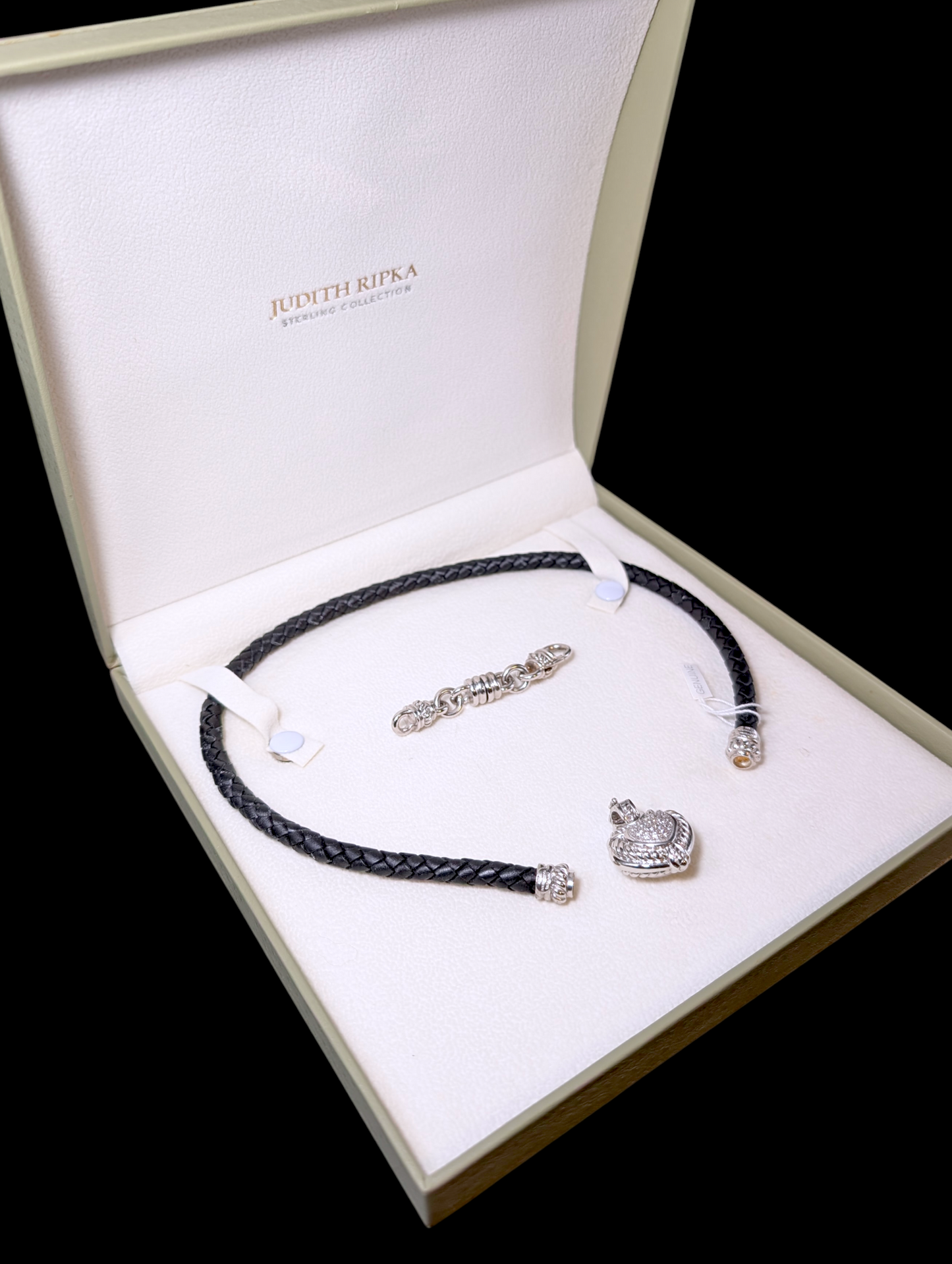 Vintage Judith Ripka Leather Braded Statement Necklace with Sterling Silver Heart Pendant and Original Box