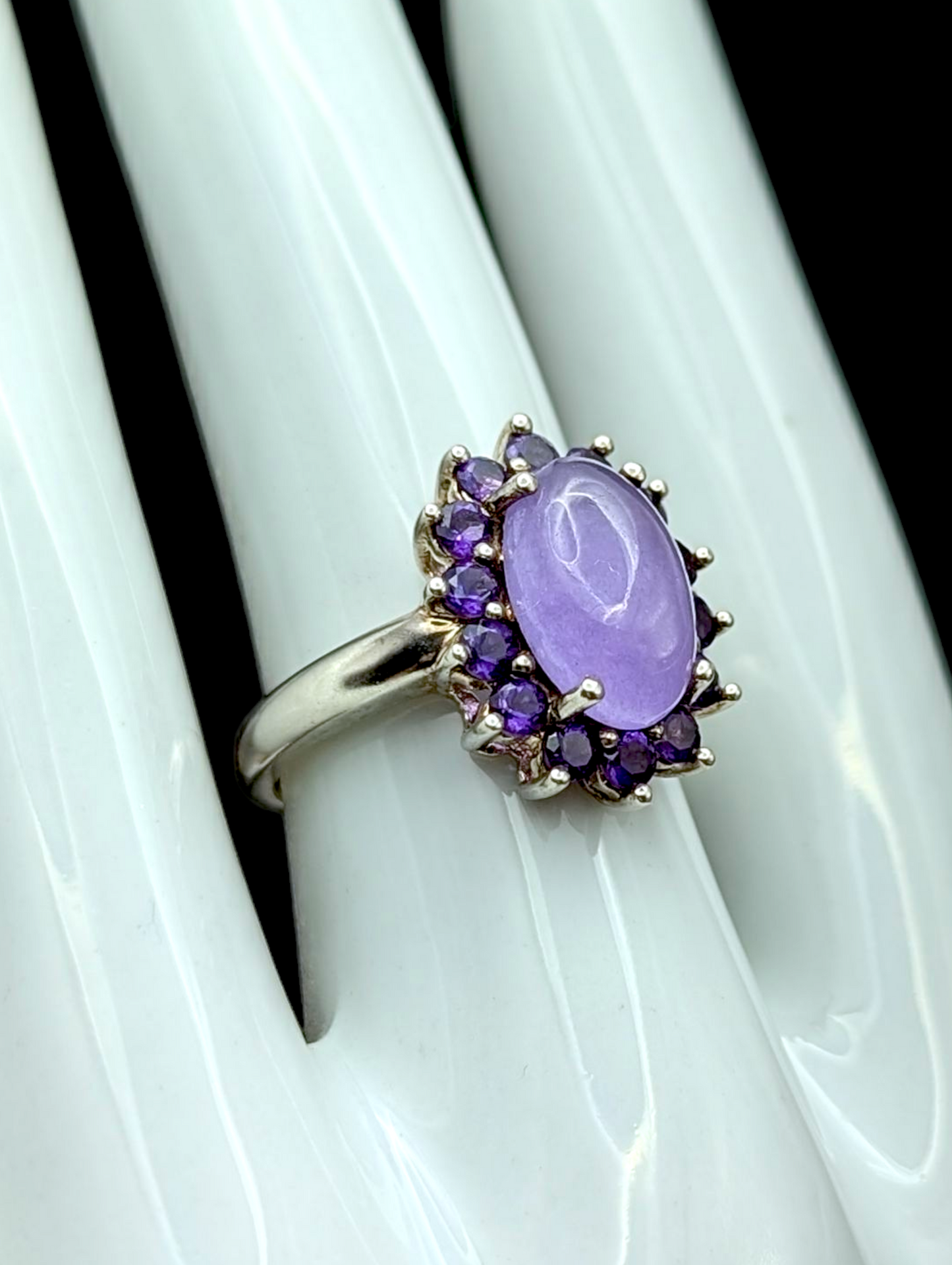 Vintage Cabochon Solitaire Genuine Lavender Jade and Grape Amethyst Halo Sterling Silver Ring