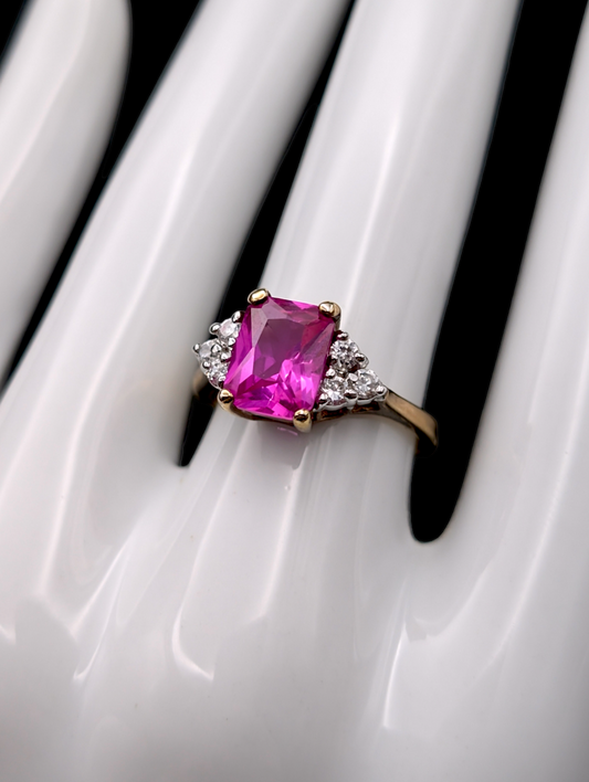 Vintage Radiant Cut Genuine Pink Sapphire and Simulated Diamond 18k Yellow Gold Vermeil Sterling Silver Ring