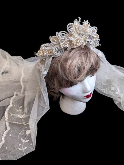 1980s Dazzling Fantasy Flower Headpiece Crown with Sequins and Pearls