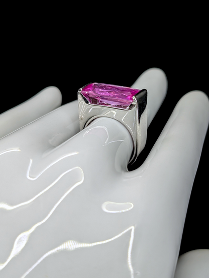 1980s 16 Carat East West Baguette Cut Genuine Pink Sapphire Solitaire Silver Ring