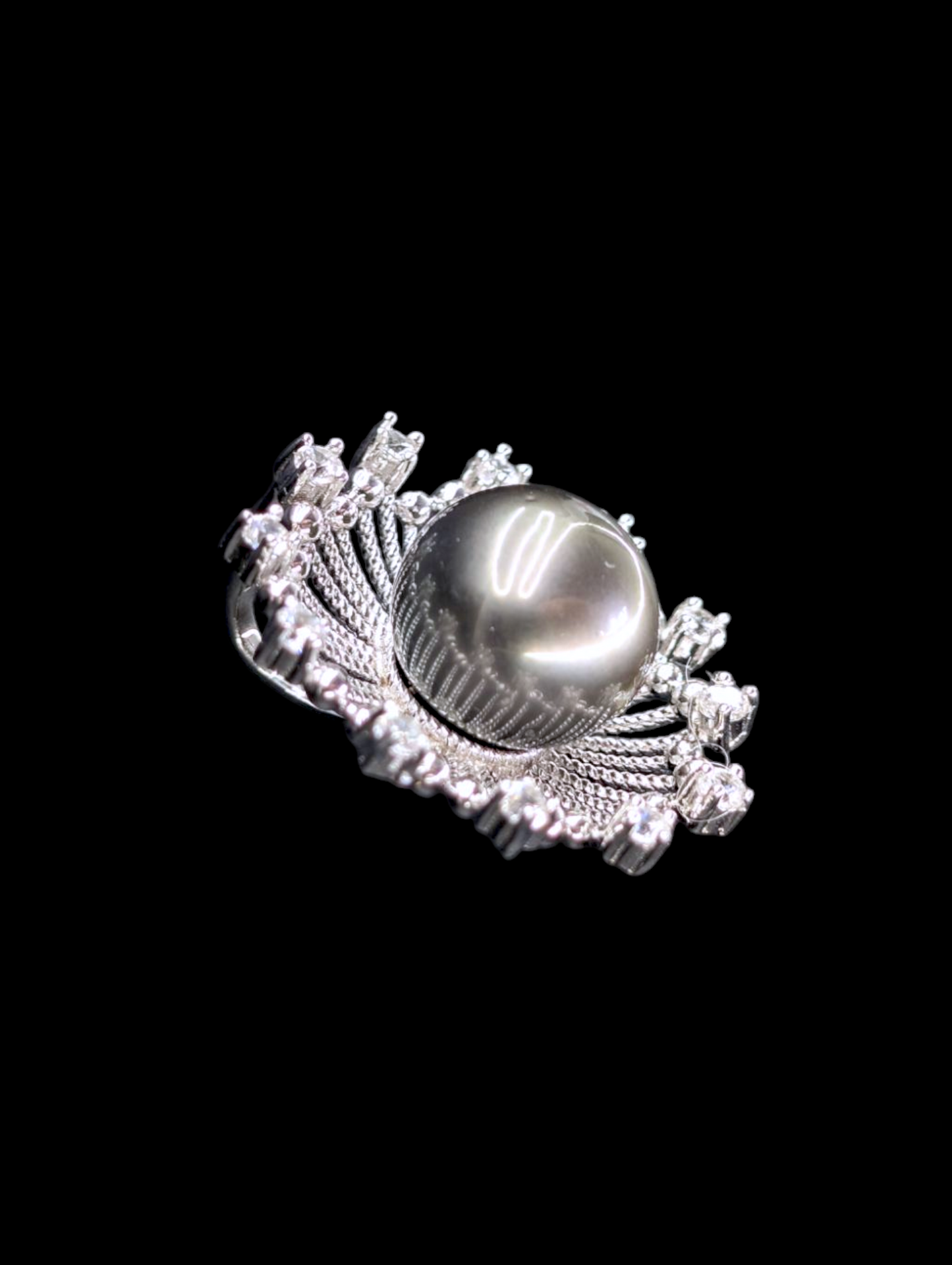 Vintage Large Black Cultured Genuine Tahitian Pearl and White Topaz Sterling Silver Pendant