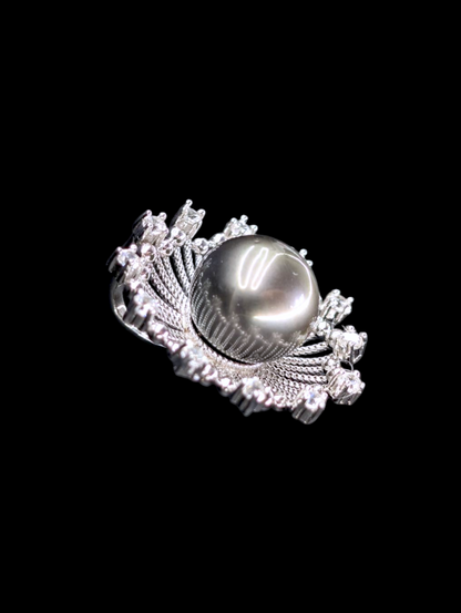 Vintage Large Black Cultured Genuine Tahitian Pearl and White Topaz Sterling Silver Pendant