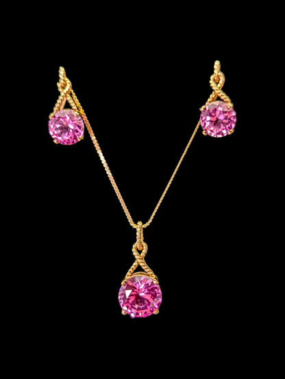 Vintage 10k Solid Yellow Gold 3+ Carat Genuine Pink Sapphire Necklace Pendant and Earrings Twisted Rope Set