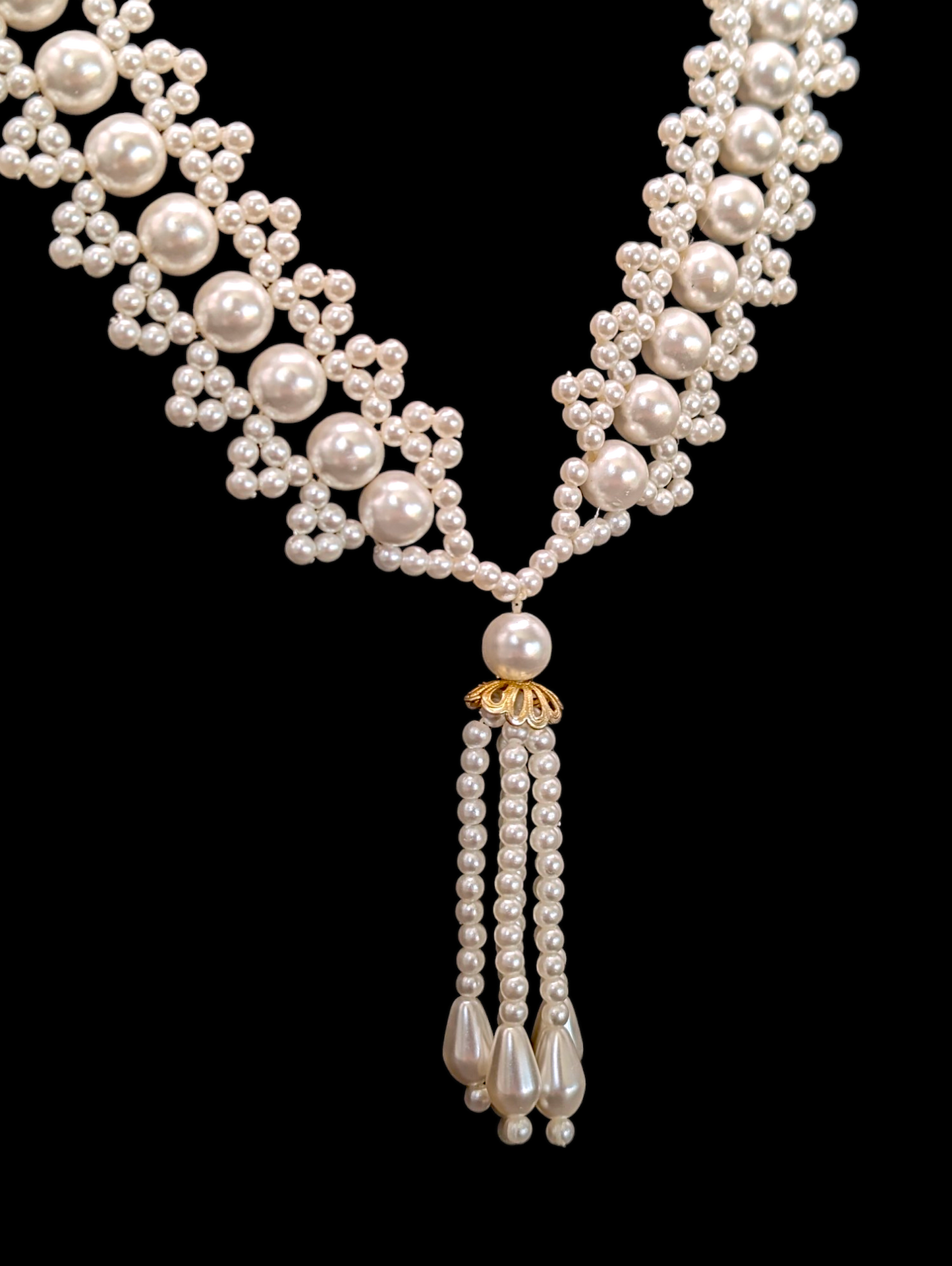 Vintage Intricate Art Deco Inspired Unique Pearl Necklace with Fringe Pendant
