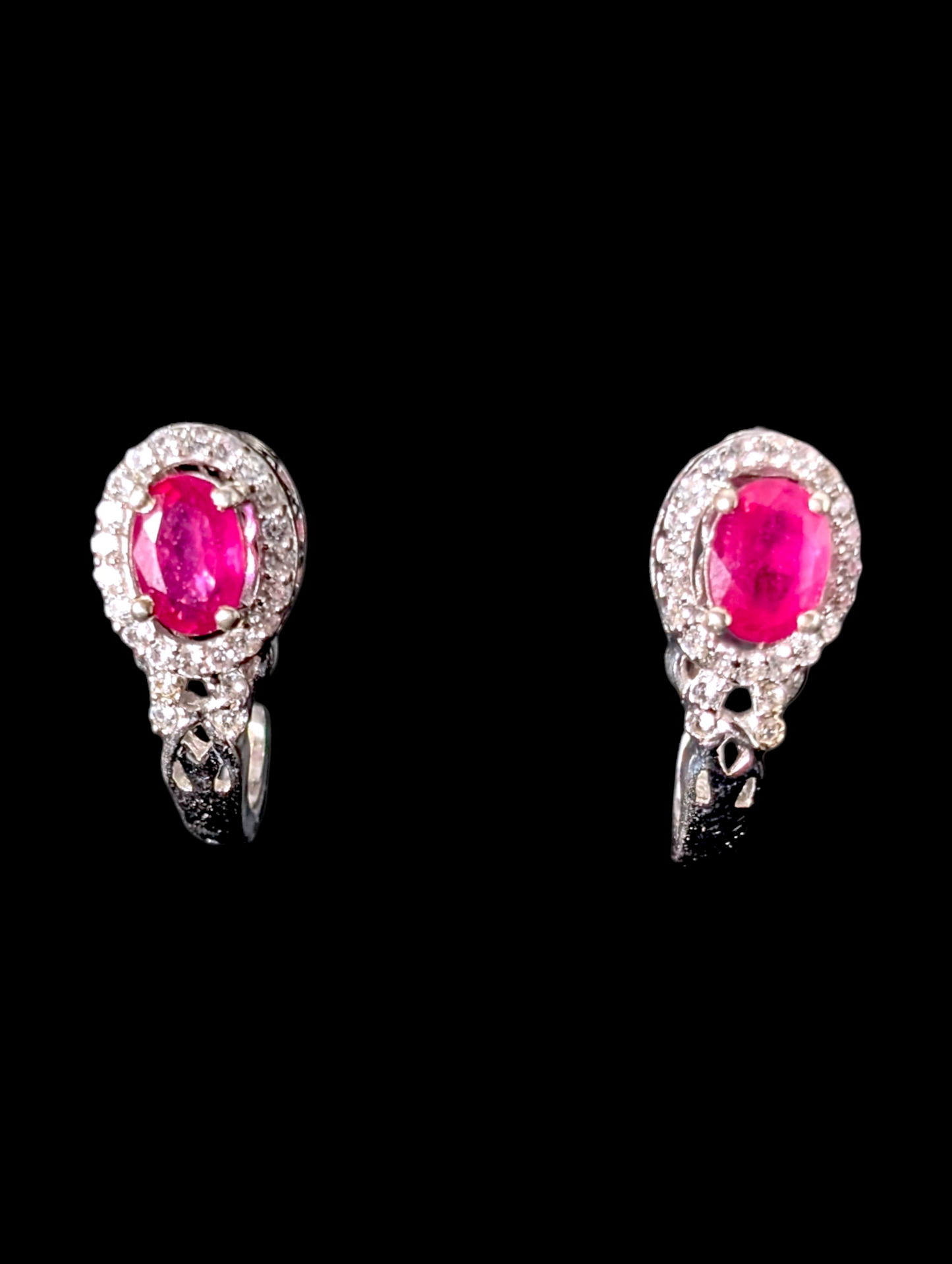 Vintage Earth Mined Genuine Ruby and White Zircon Halo Huggie Post Sterling Silver Earrings
