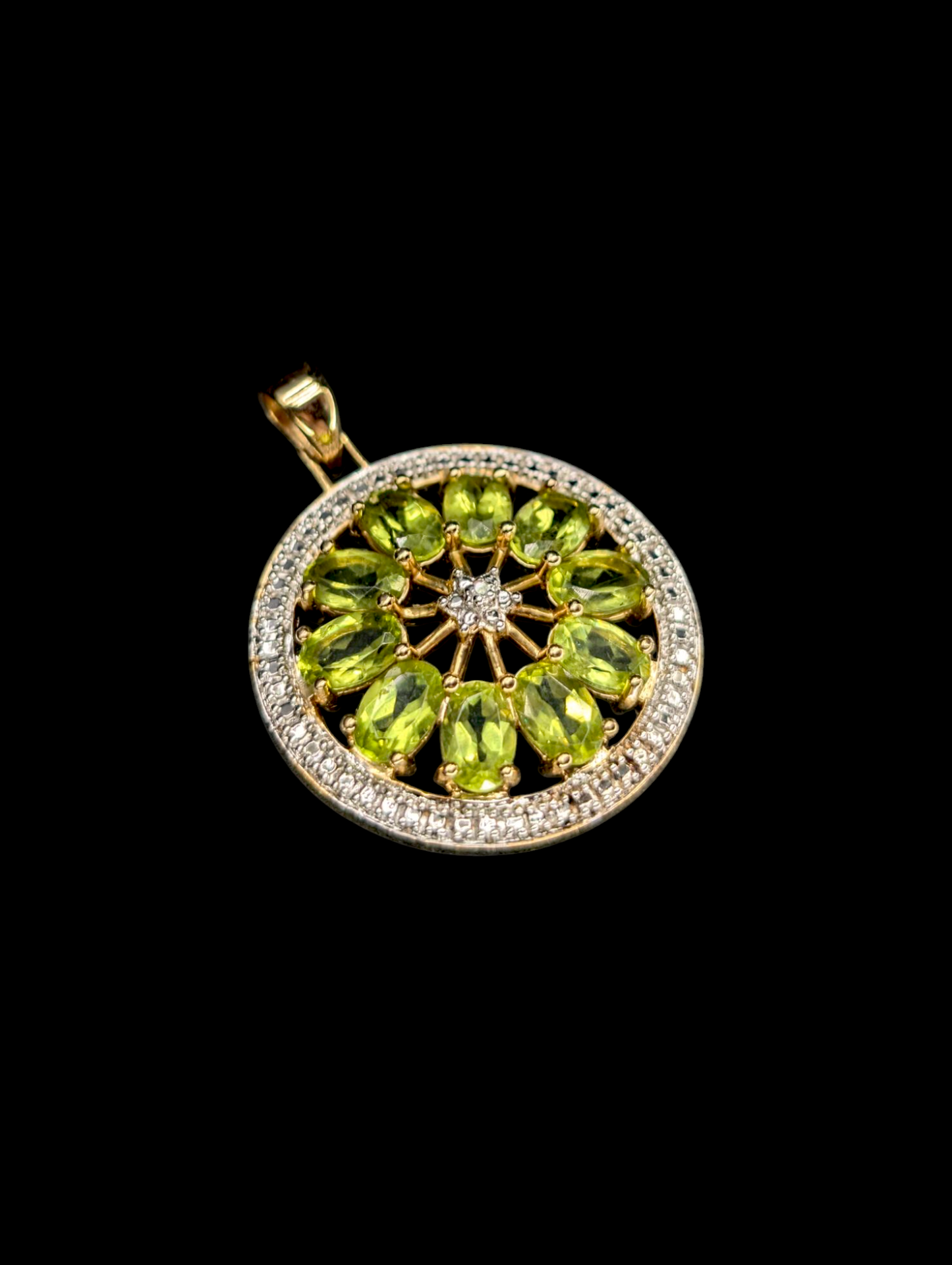 Vintage Genuine Peridot and Diamond 14k Gold Vermeil Round Pendant