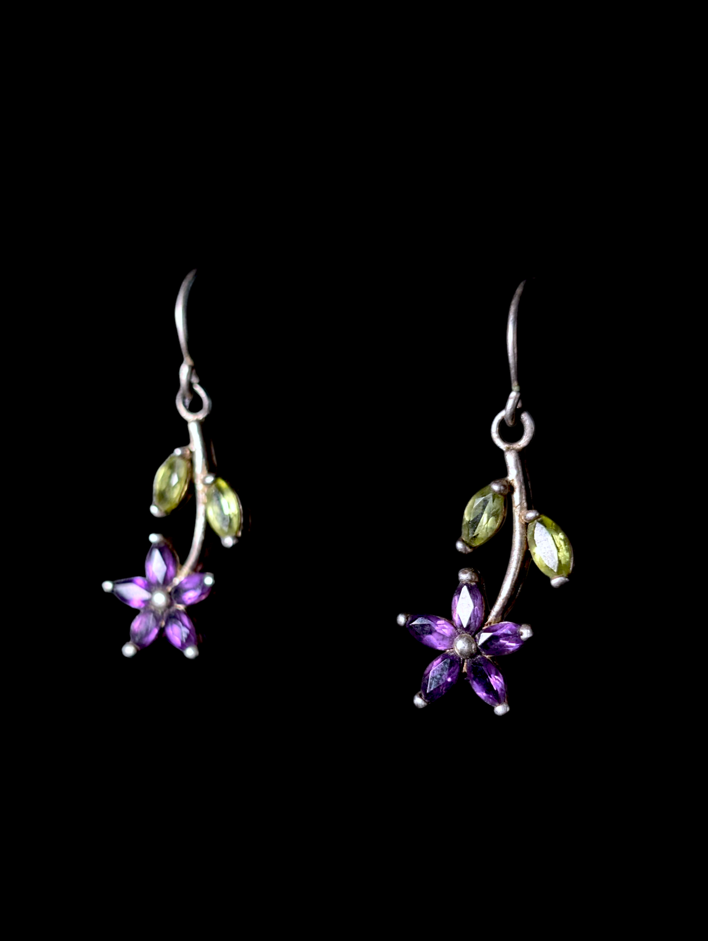 Vintage Flower Prong Set Genuine Amethyst and Peridot Sterling Silver Earrings