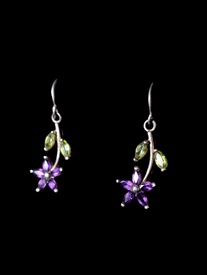 Vintage Flower Prong Set Genuine Amethyst and Peridot Sterling Silver Earrings