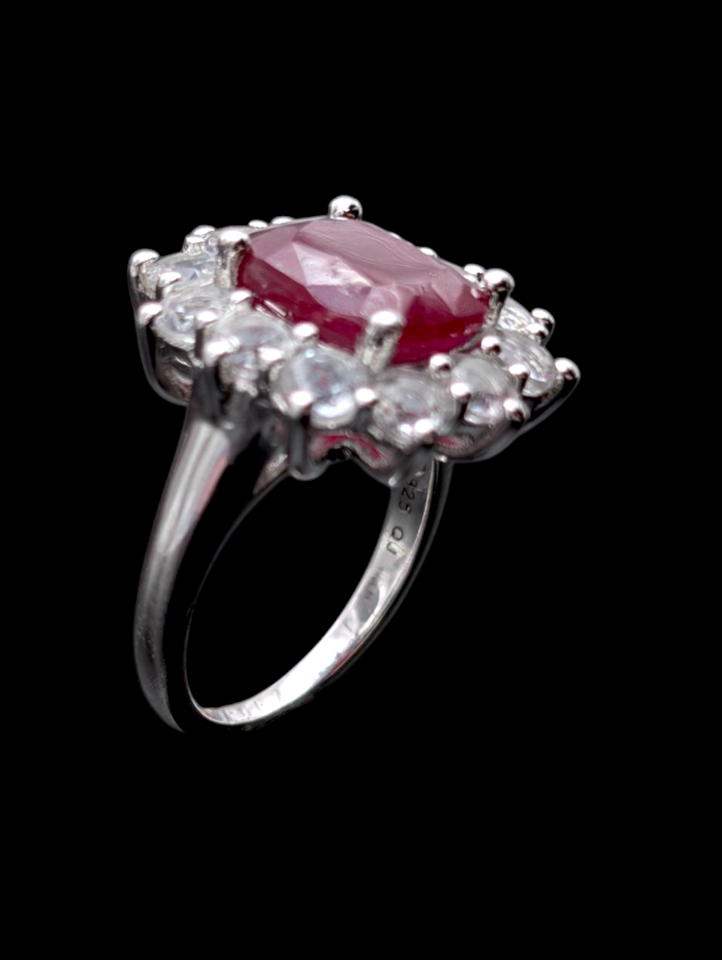 Vintage Earth Mined Genuine Ruby Rectangular Cushion Cut Solitaire and White Topaz Halo Rhodium over Sterling Silver Statement Ring