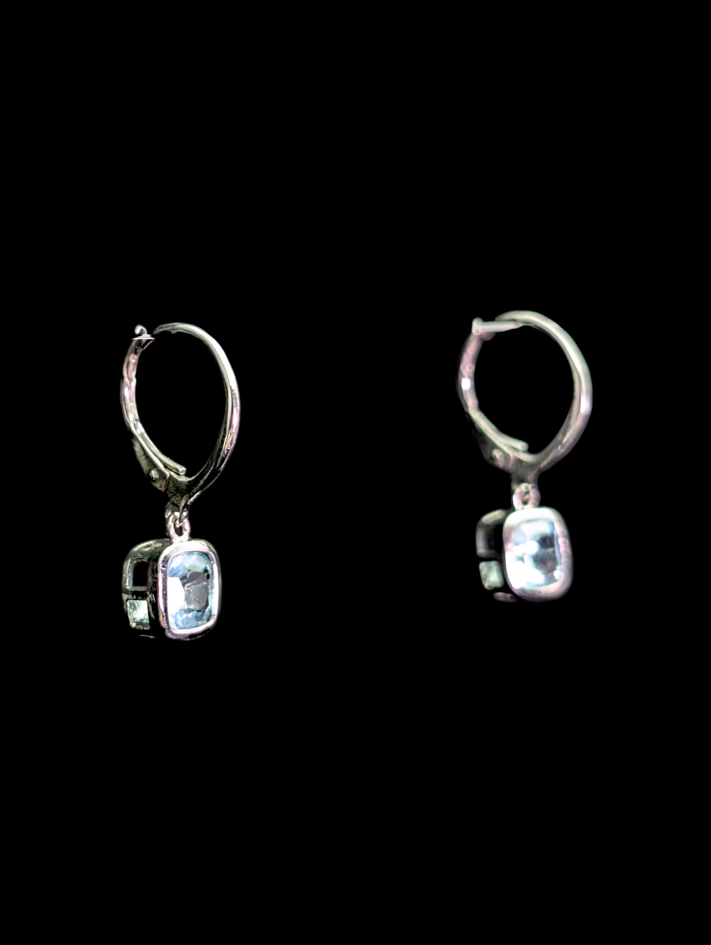 Vintage Princess Cut Genuine Sky Blue Topaz Sterling Silver Dangle Leverback Earrings