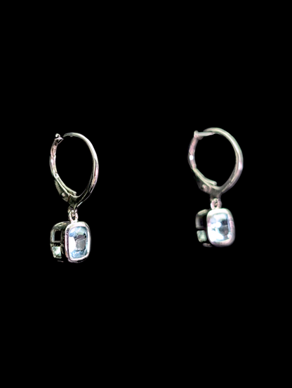 Vintage Princess Cut Genuine Sky Blue Topaz Sterling Silver Dangle Leverback Earrings