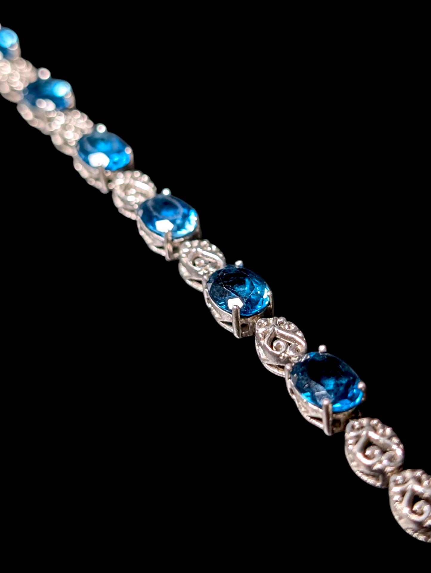 Vintage 8+ Carat Oval Cut Genuine London Blue Topaz Sterling Silver Tennis Bracelet