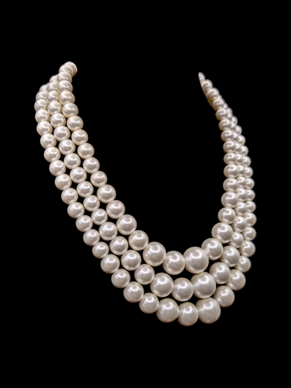 Vintage 1950s Graduating Three Strand Faux Pearl Sterling Silver Statement Necklace