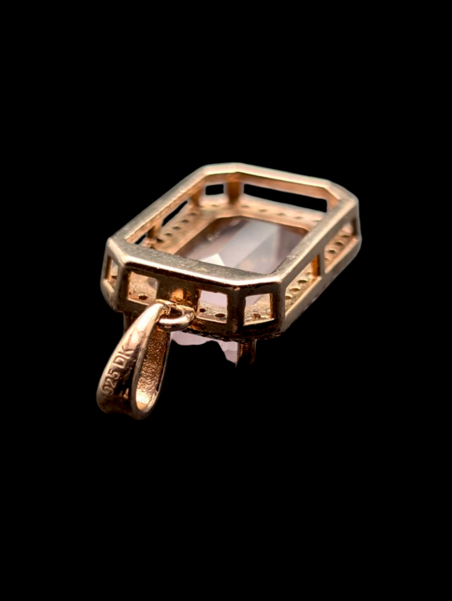 Vintage Inspired Emerald Cut Genuine Morganite and Zircon Halo 18k Rose Gold over Sterling Pendant