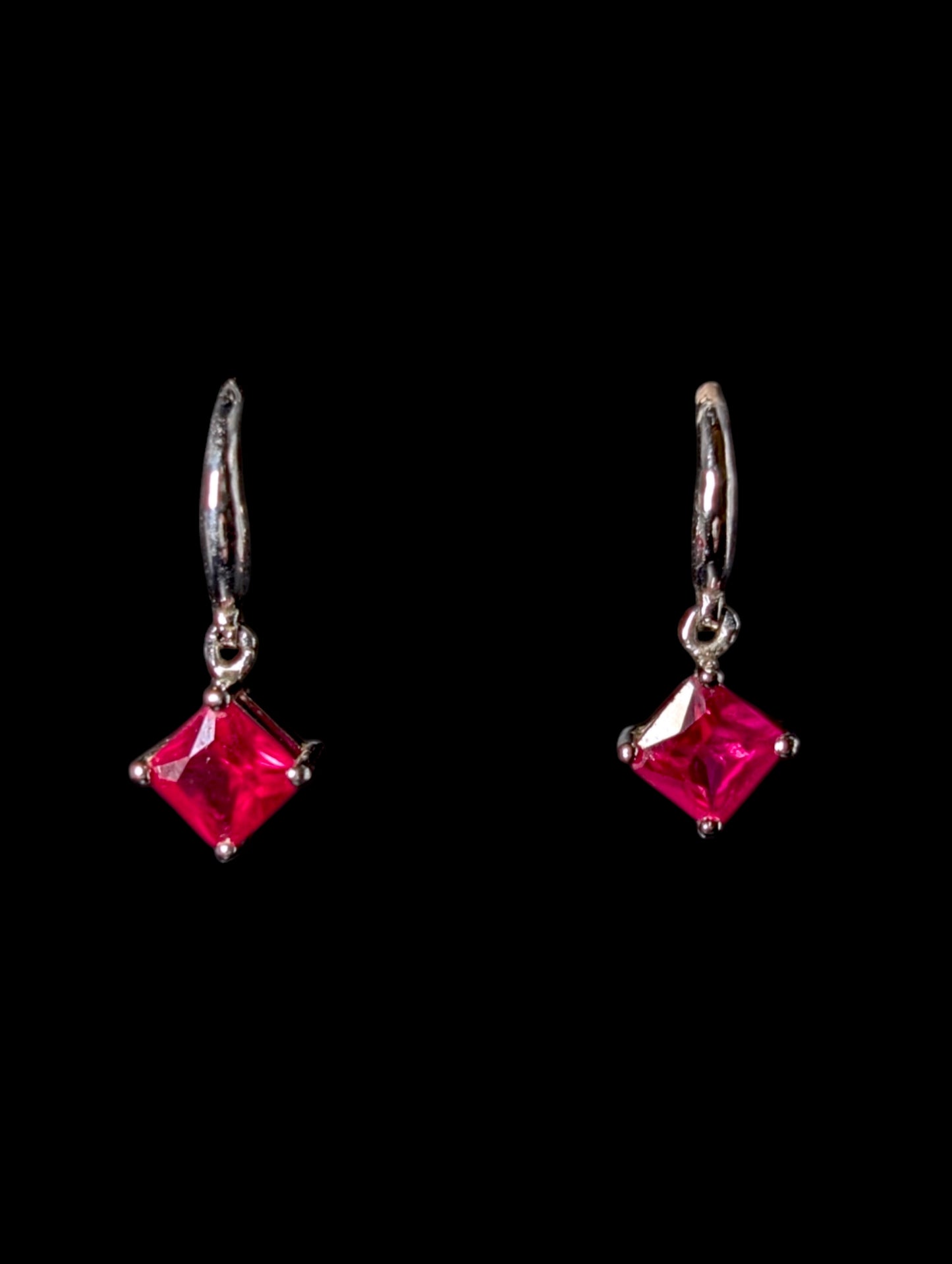 Vintage Diamond Shape Genuine Ruby Sterling Silver Dangle Earrings