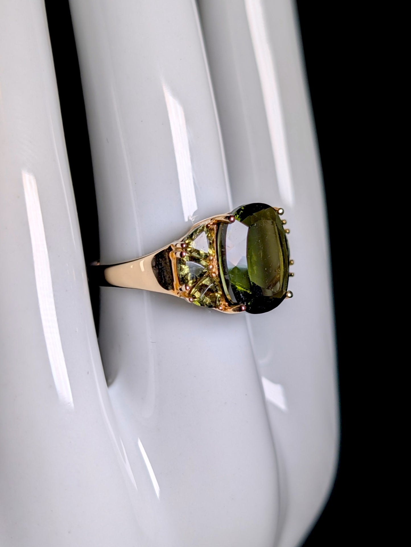 Vintage Cushion Cut Genuine Moldavite Solitaire 10k Yellow Gold Statement Ring