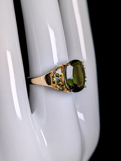 Vintage Cushion Cut Genuine Moldavite Solitaire 10k Yellow Gold Statement Ring