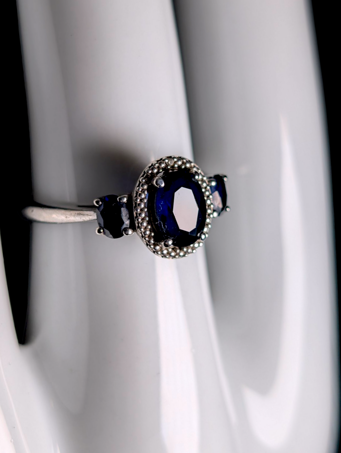Vintage Tri-Stone Genuine Blue Sapphire and Diamond Accented Halo Sterling Silver Ring