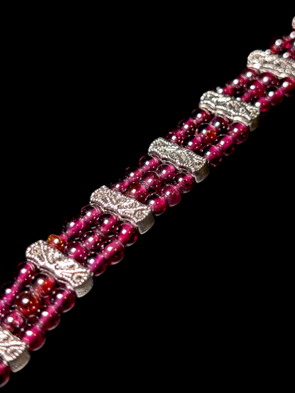 Vintage Three Strand Genuine Rhodolite Garnet Bead Silver Toned Bracelet