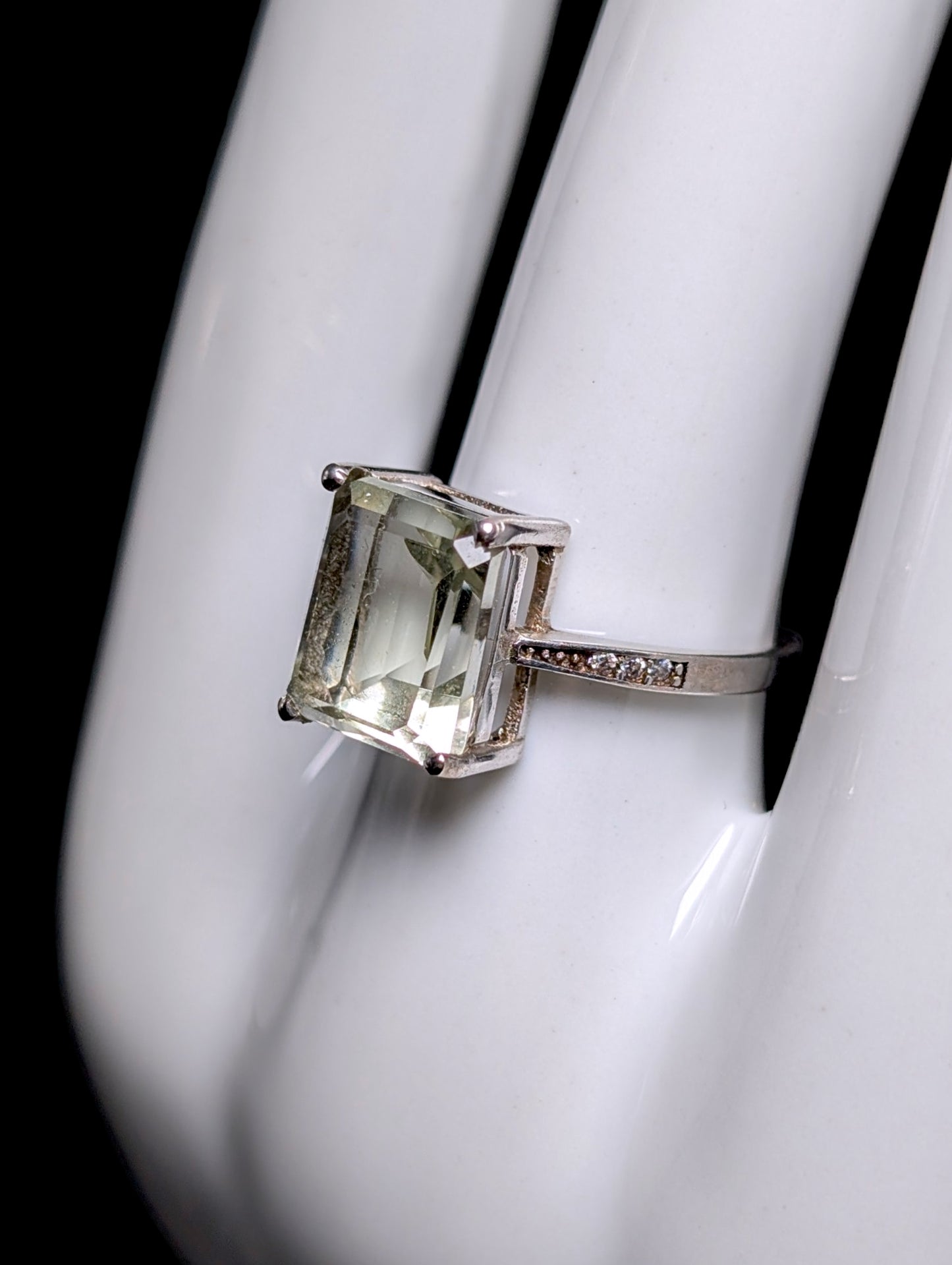 Vintage Emerald Cut Solitaire Genuine Prasiolite Sterling Silver