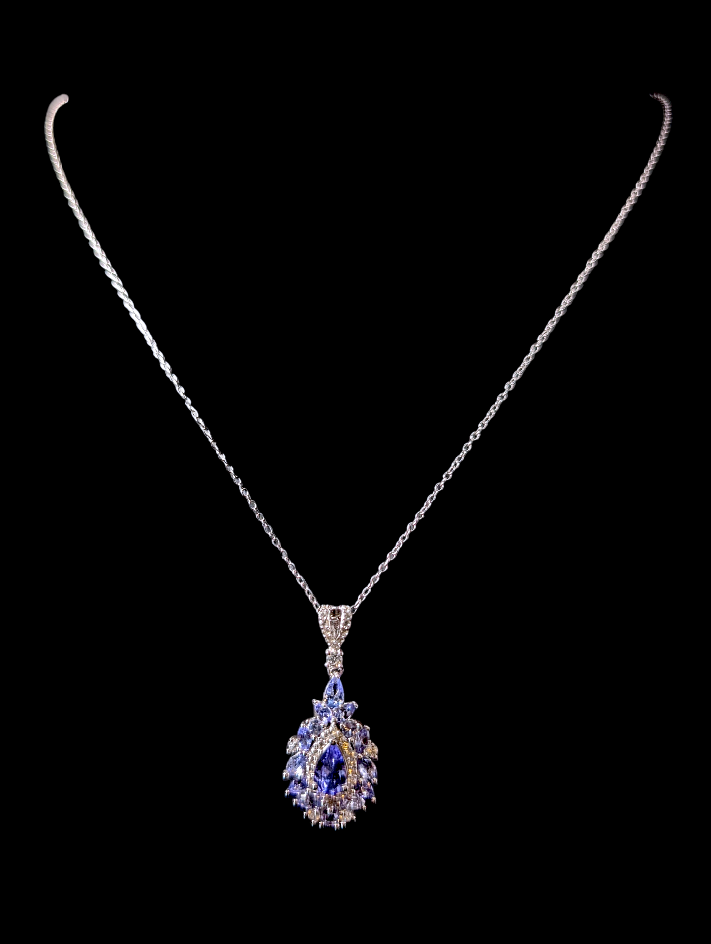 Vintage Dazzling Genuine Tanzanite and White Topaz Pendant and Sterling Silver Necklace