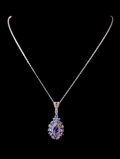 Vintage Dazzling Genuine Tanzanite and White Topaz Pendant and Sterling Silver Necklace