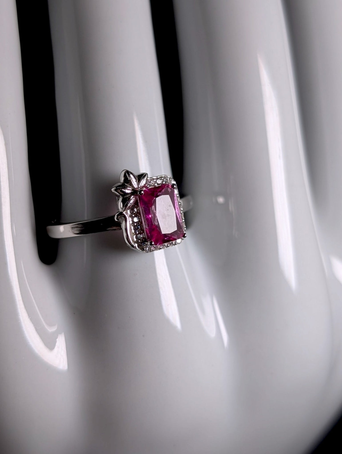 Art Nouveau Inspired Radiant Cut Genuine Pink Tourmaline Solitaire Sterling Silver Ring