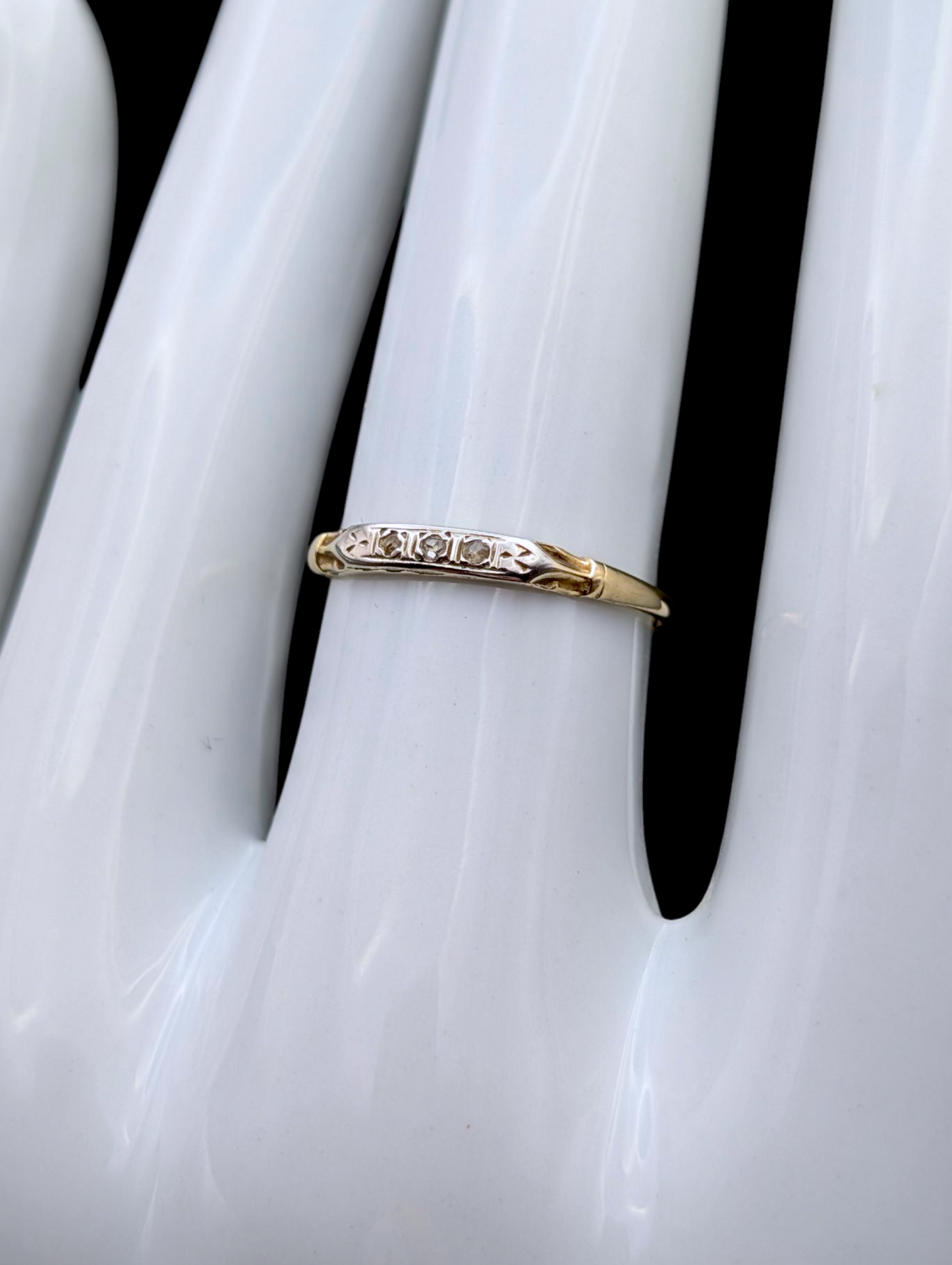 Antique Dainty Solid 14k Gold and Platinum Earth Mined Genuine Diamond Trilogy Wedding Band Ring