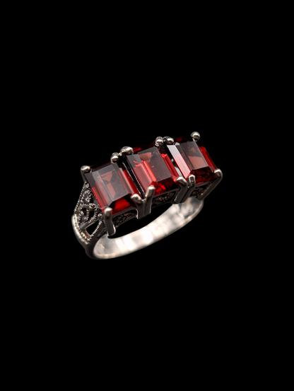 Vintage Emerald Cut Genuine Garnet Trio Sterling Silver 925 Ring