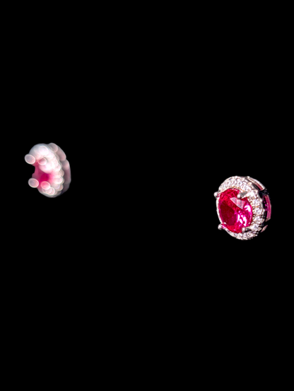 Vintage Genuine Ruby with Simulated Diamon Halo Sterling Silver Stud Earrings