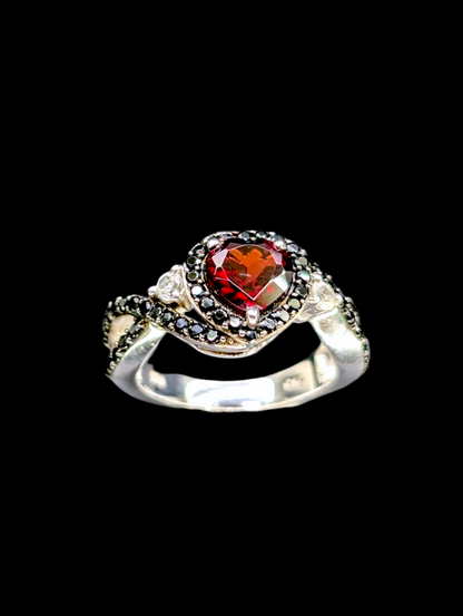 Vintage Infinity Heart Genuine Garnet, White Sapphire and Black Tourmaline Sterling Silver Ring