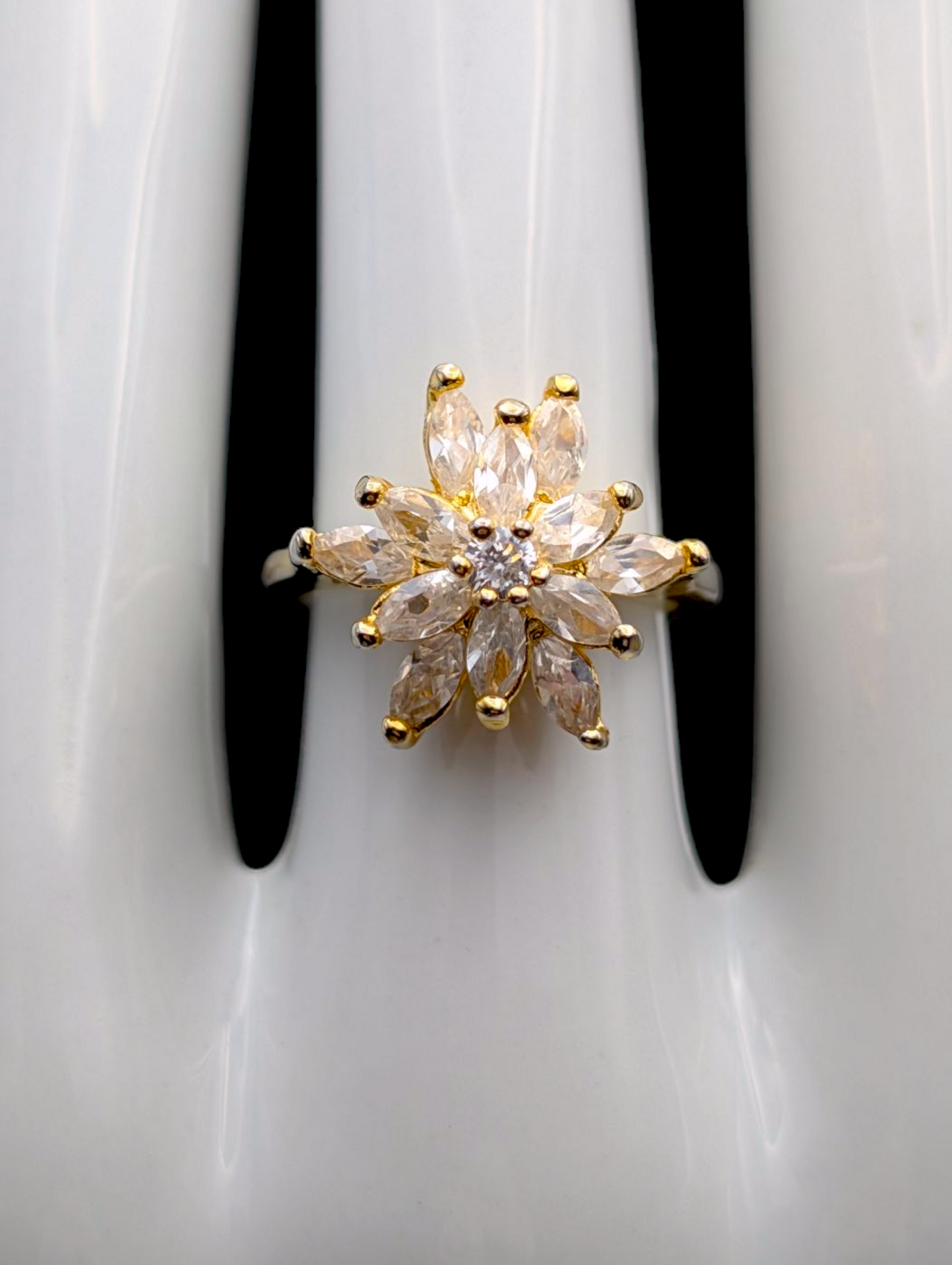 Vintage Flower Simulated Diamond Gold Tone Statement Vacation Ring