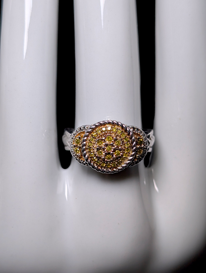 Vintage Three Tiered Genuine Yellow Diamond Braided Rope Halo Sterling Silver Ring