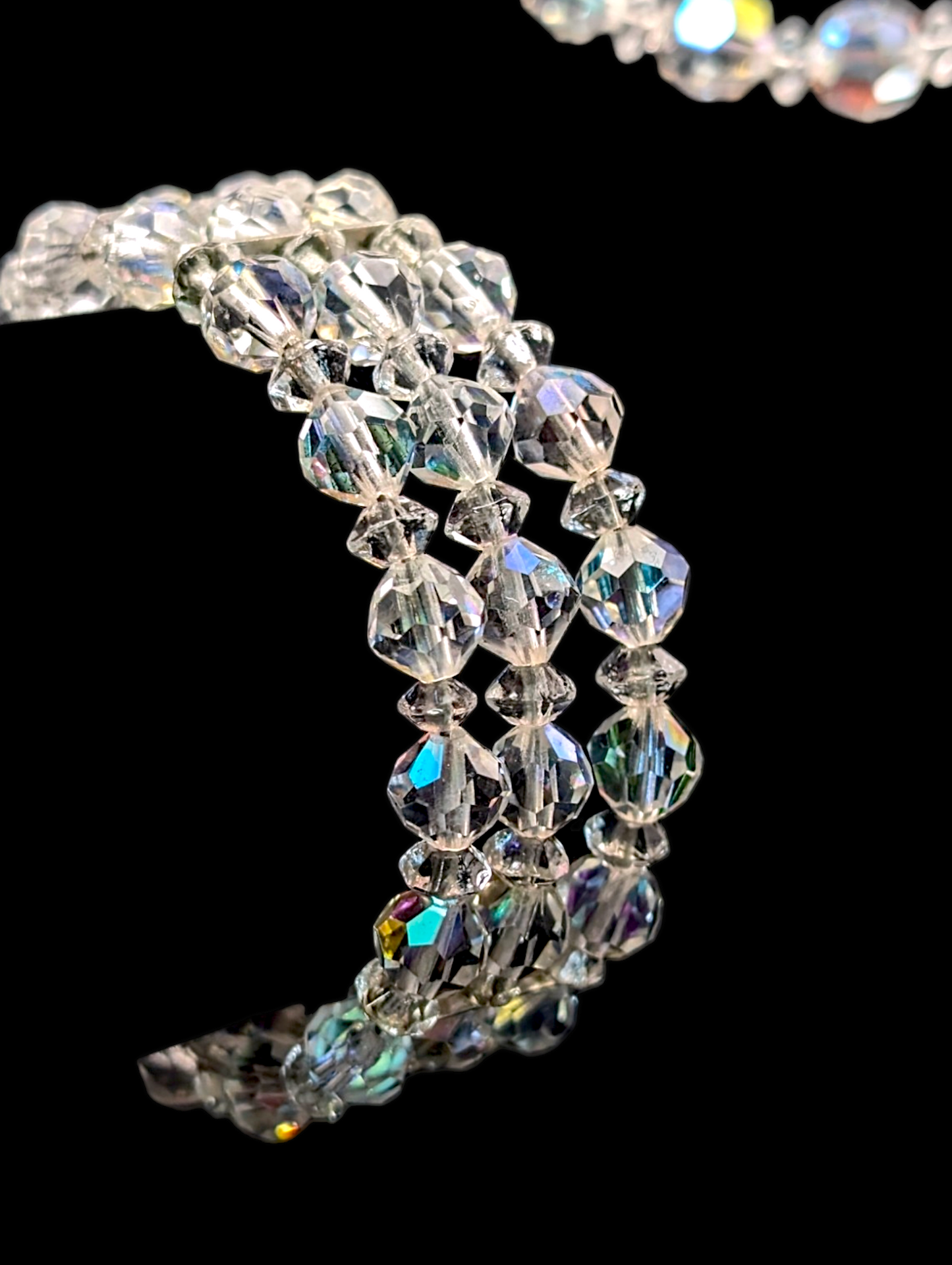 1950s 3 Piece Aurora Borealis Crystal 4 Strand Necklace, Earrings and Bracelet Set