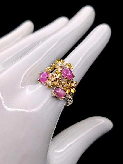 Vintage "Rubies in Springtime" Genuine Earth Mined Pink Ruby, Amethyst, and Zircon 14k Gold Dusted Sterling Silver Ring