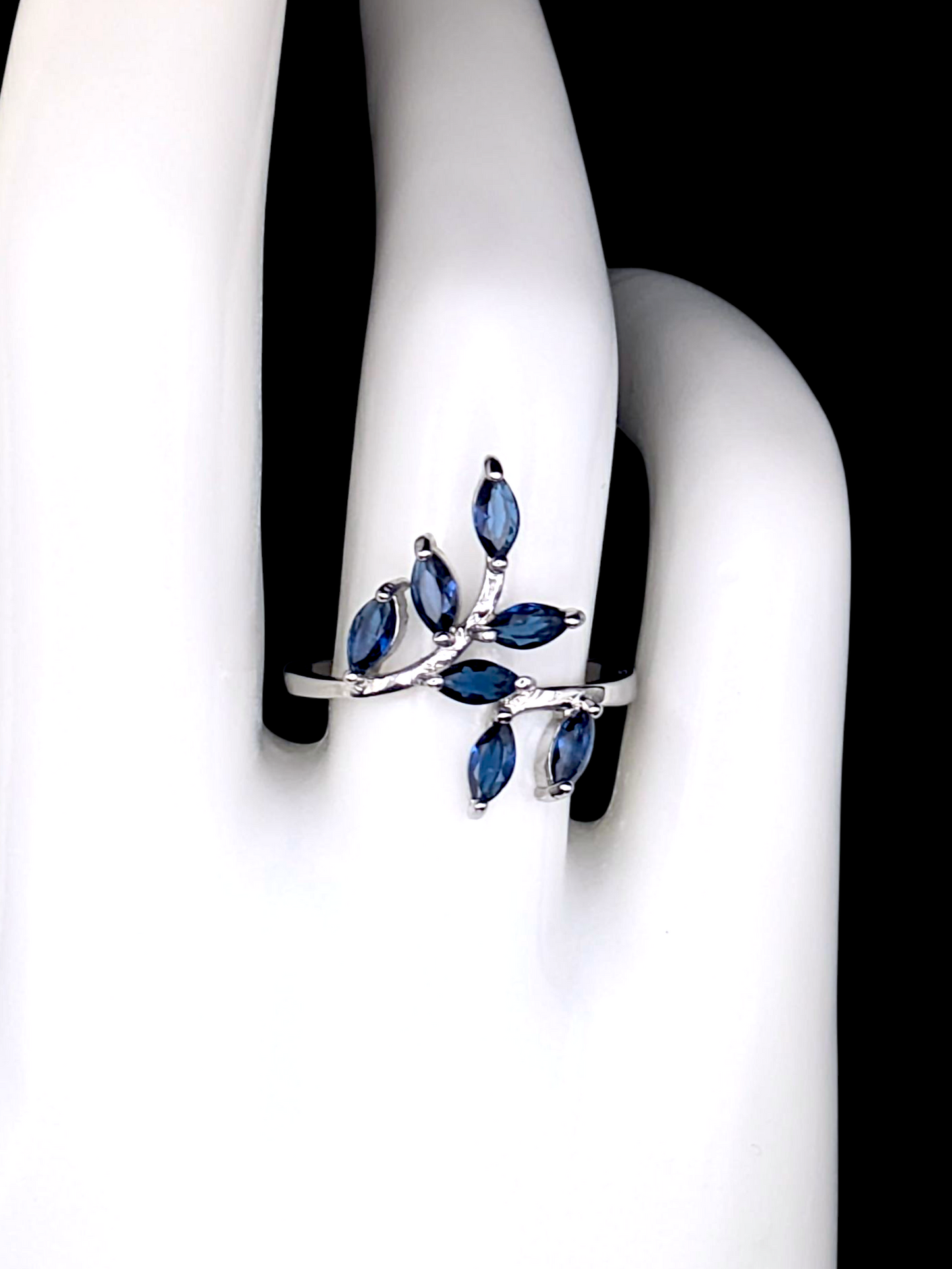 Vintage Inspired Marquise Cut Simulated Blue Sapphire Leaves and Branches Sterling Silver Ring