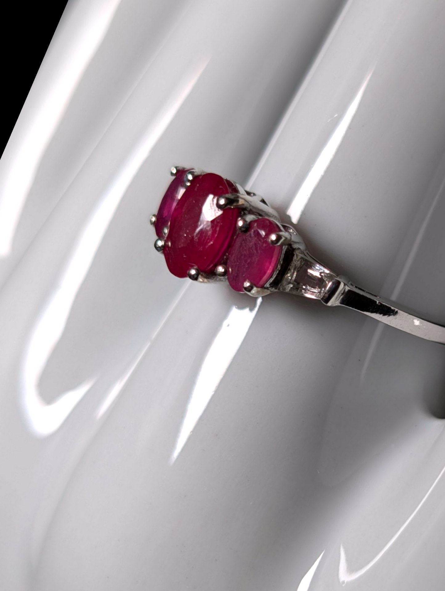Vintage Three Stone Oval Cut Earth Mined Genuine Ruby, Pink Sapphire and White Topaz Tapered Baguette Accent Stones Sterling Silver Ring