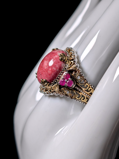Vintage Earth Mined Genuine Thulite and Ruby Accent Stones 14k Yellow Gold Filigree and Sterling Silver Ring