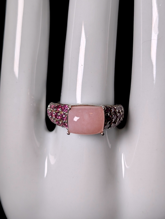 Vintage D'Joy Cabochon Cut Genuine Peruvian Pink Opal and Rhodolite Garnet Accent Stones Platinum over Sterling Silver Ring