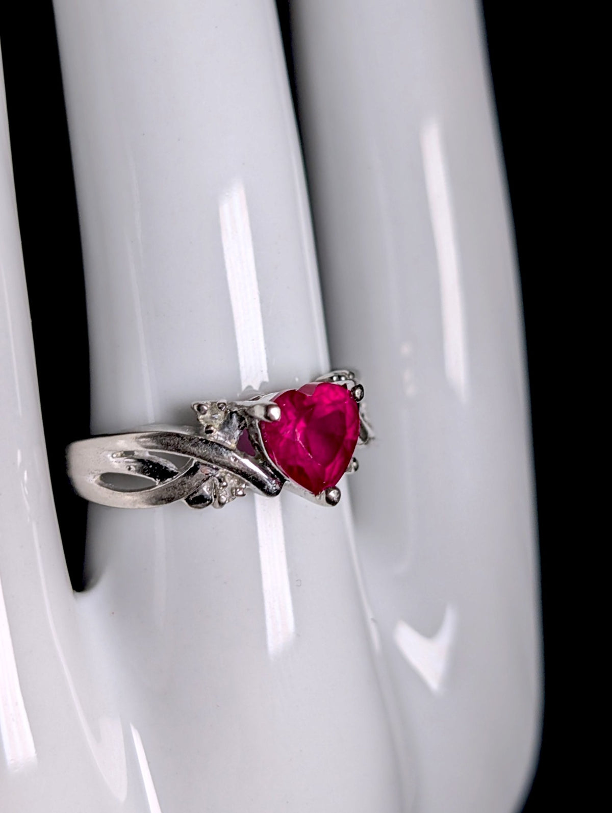 Vintage Genuine Ruby Heart Cut Solitaire with Diamond Accents Silver Toned Ring