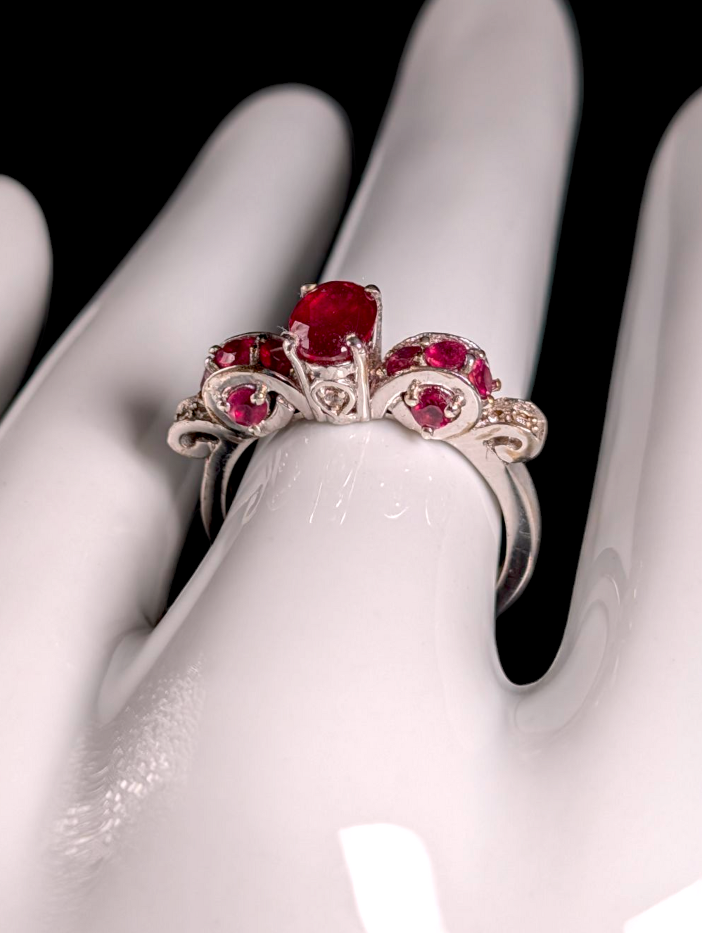 Vintage Royal Inspired Oval Cut Solitaire Genuine Ruby with Ruby Accent Stones and Diamond Accented Mount in Sterling Silver Ring
