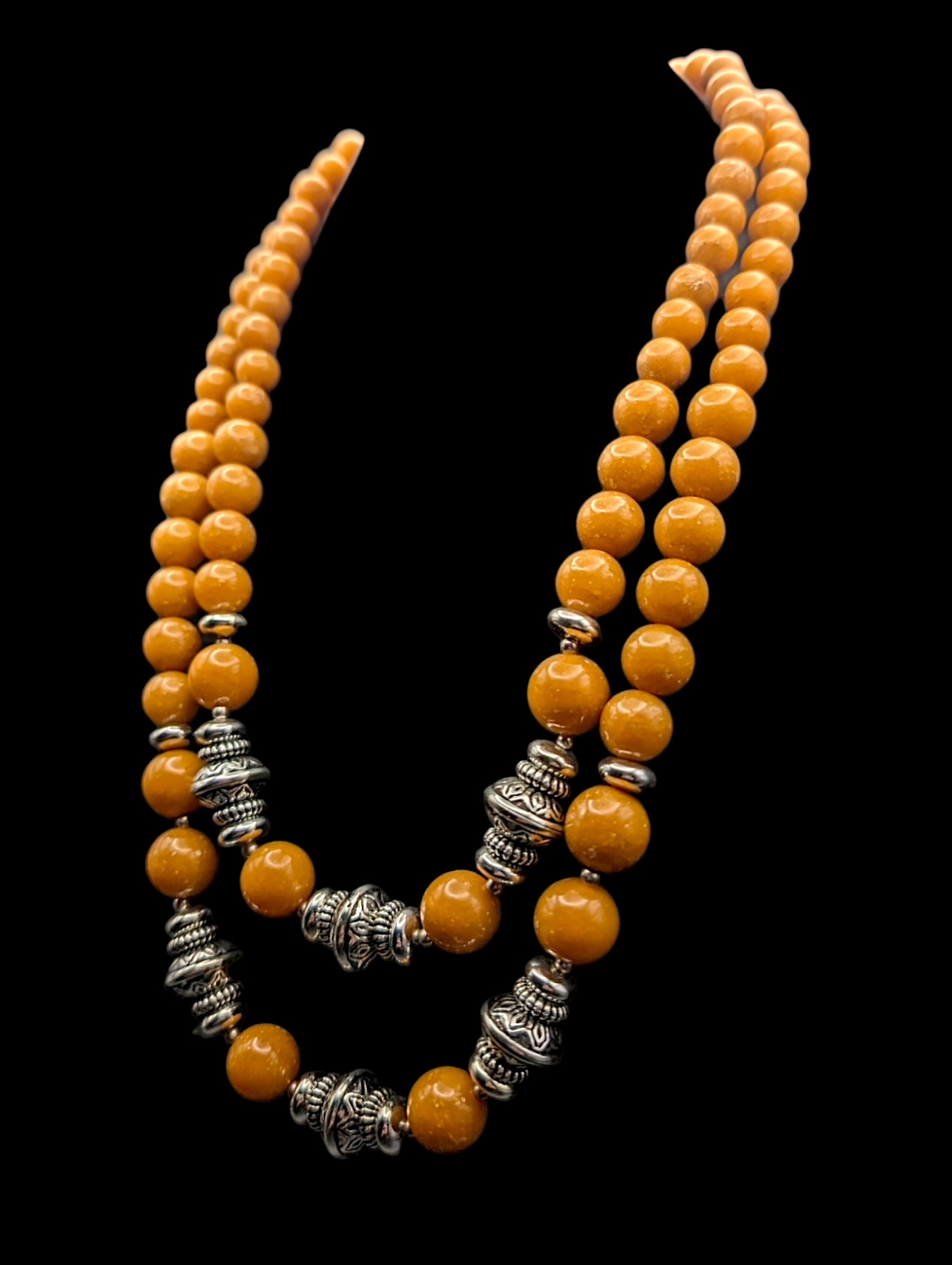 1940s - 1960s Genuine Yellow Jasper and Silver Bead Two Strand Necklace