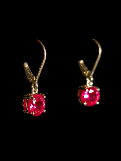 Vintage Round Cut Genuine Ruby Sterling 14k Yellow Gold Vermeil Dangle Earrings