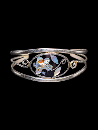 Vintage Flower Motif Abalone Inlay Enamel Alpaca Silver Cuff Bracelet